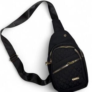 Black Crossbody Bag Adjustable Strap Zipper Pockets Casual Beltbag Gold Hardware